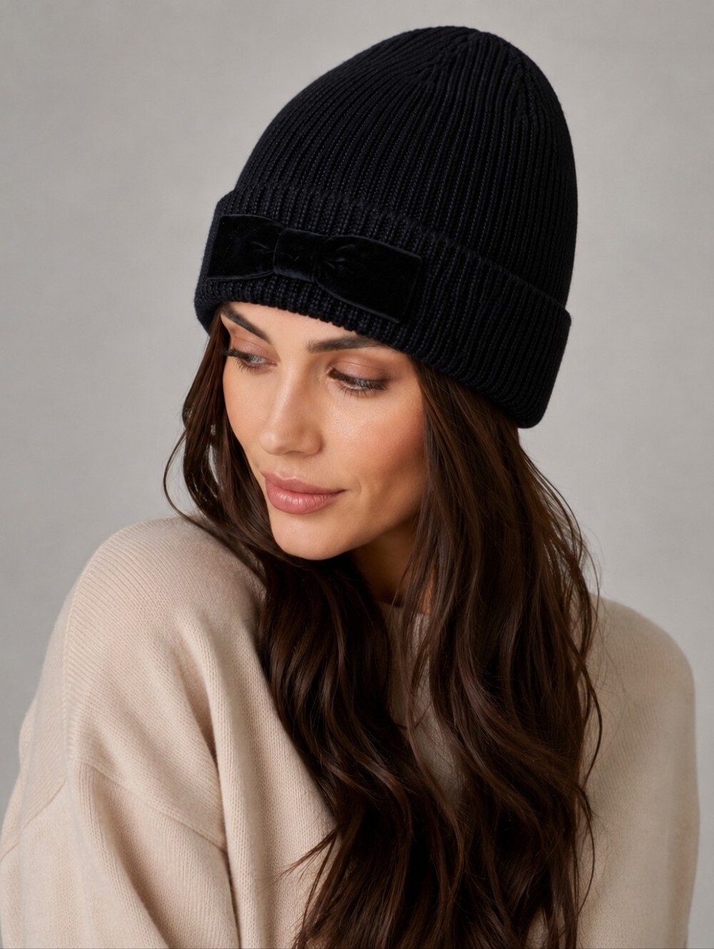 Kate Spade New York Black Ribbed Knit Beanie Velvet Bow Womens One Size